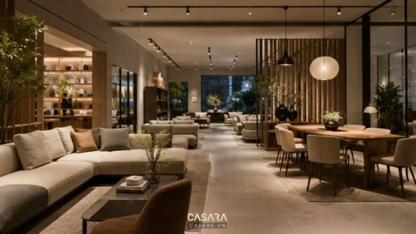 Showroom nội thất hiện đại với lối đi thoáng, khu trưng bày sofa, bàn ăn và điểm tư vấn được bố trí hài hòa.