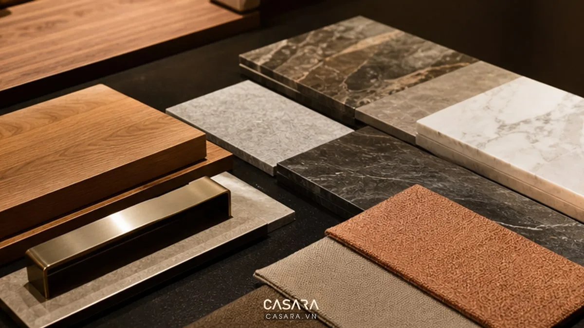 Chi tiết bảng vật liệu gỗ, vải, đá và kim loại trong showroom nội thất dưới ánh sáng ấm sang trọng.