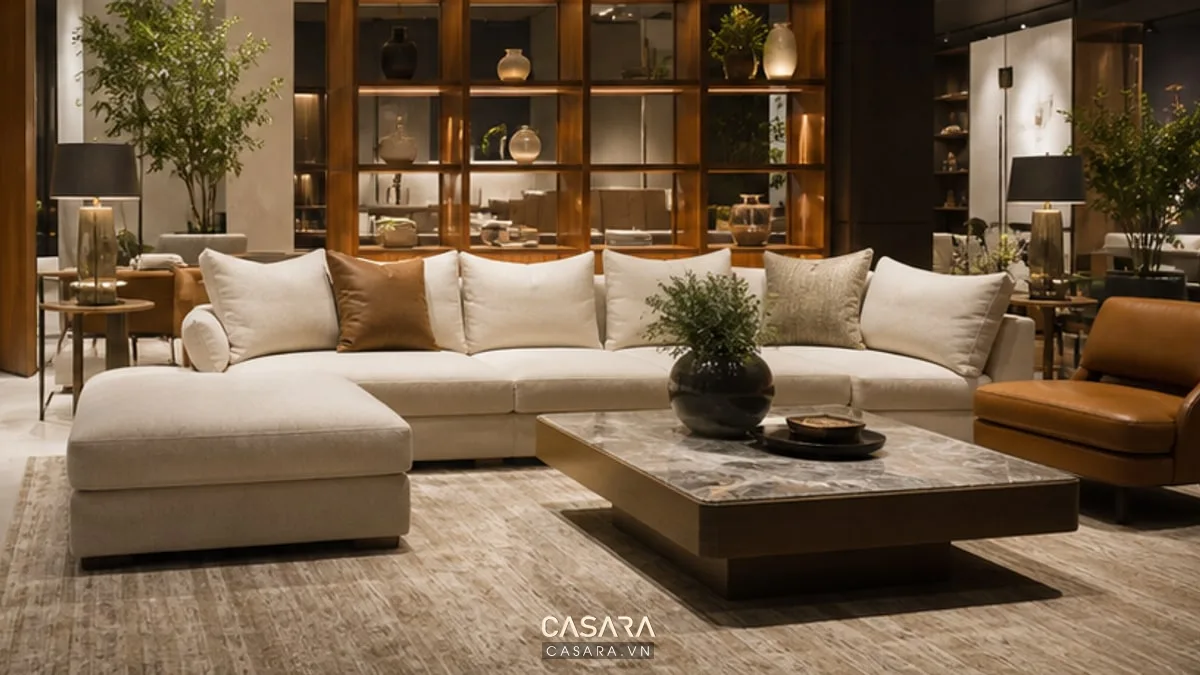 Cụm trưng bày nội thất cao cấp trong showroom với sofa, bàn trà, kệ mở, thảm và ánh sáng ấm tinh tế.