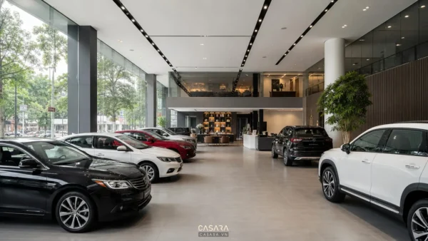 thiết kế showroom ô tô hiện đại với xe hơi trưng bày và mặt tiền kính lớn
