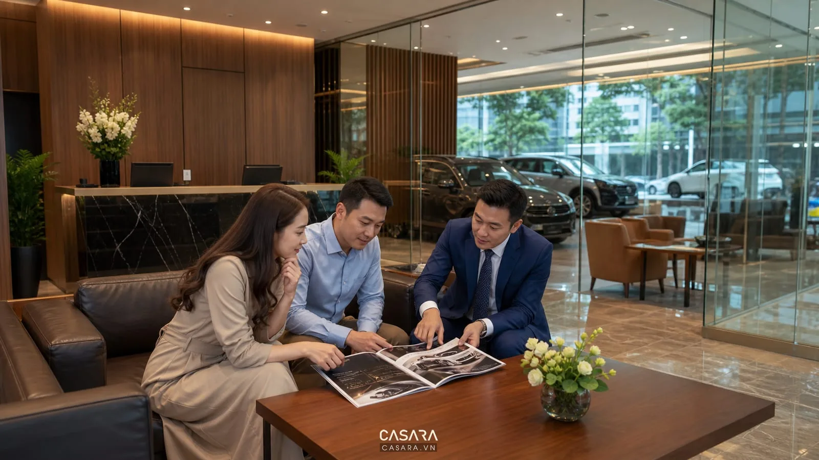 khu tư vấn showroom ô tô với khách xem thông tin xe hơi và nội thất gỗ kính