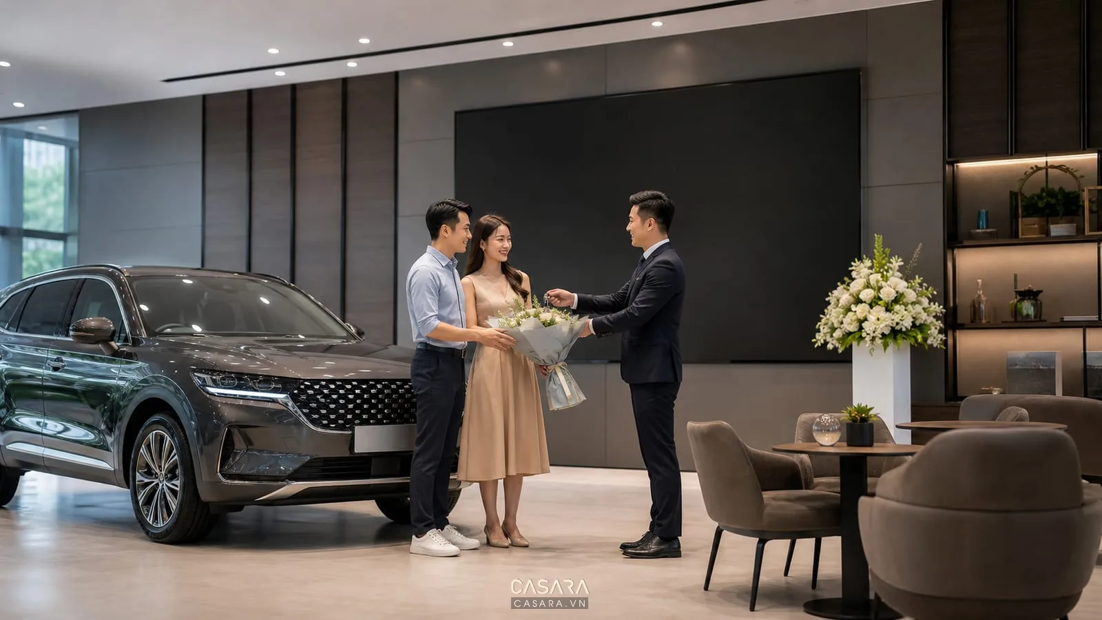 khu bàn giao xe hơi trong showroom ô tô với đèn nhấn và backdrop thương hiệu