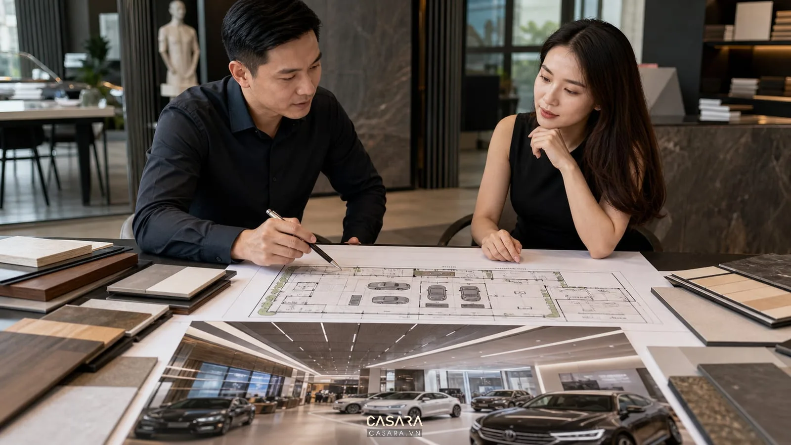 bản vẽ thiết kế showroom ô tô với phối cảnh xe hơi và mẫu vật liệu nội thất