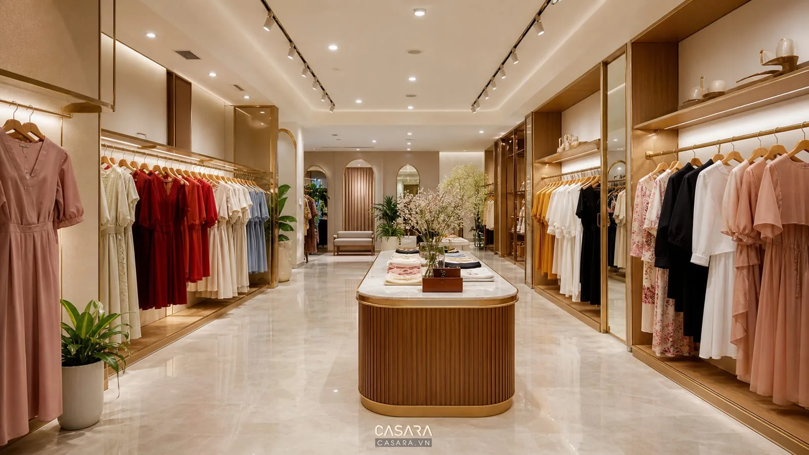 khu trưng bày quần áo nữ có giá treo và bàn đảo giữa showroom