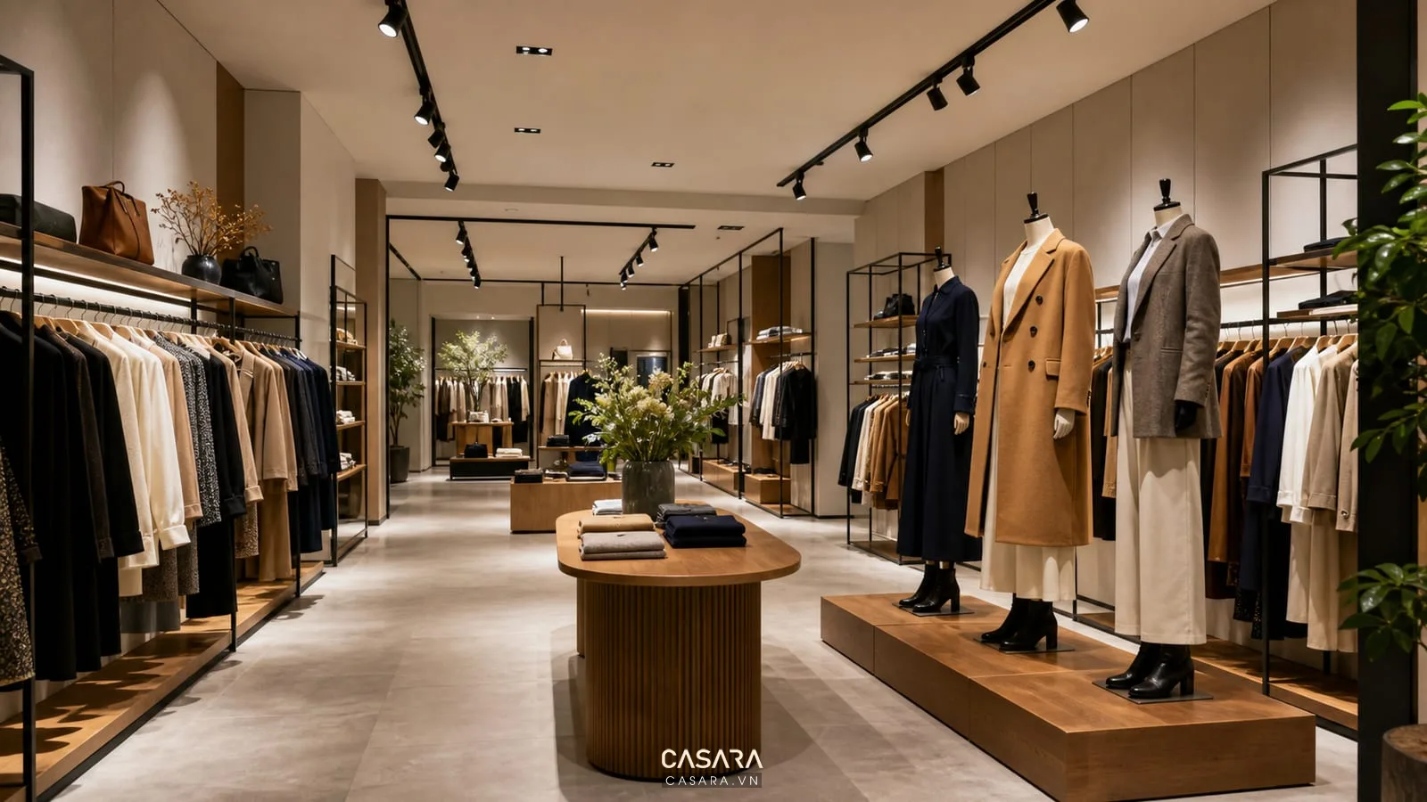 showroom quần áo cao cấp với kệ gỗ kim loại và mannequin mặc váy áo