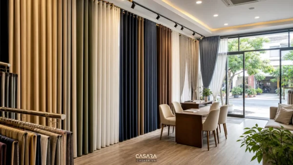 Thiết kế showroom rèm có rèm vải treo cao sát trần mẫu rèm voan rèm cản sáng thanh treo ánh sáng tự nhiên và bàn tư vấn