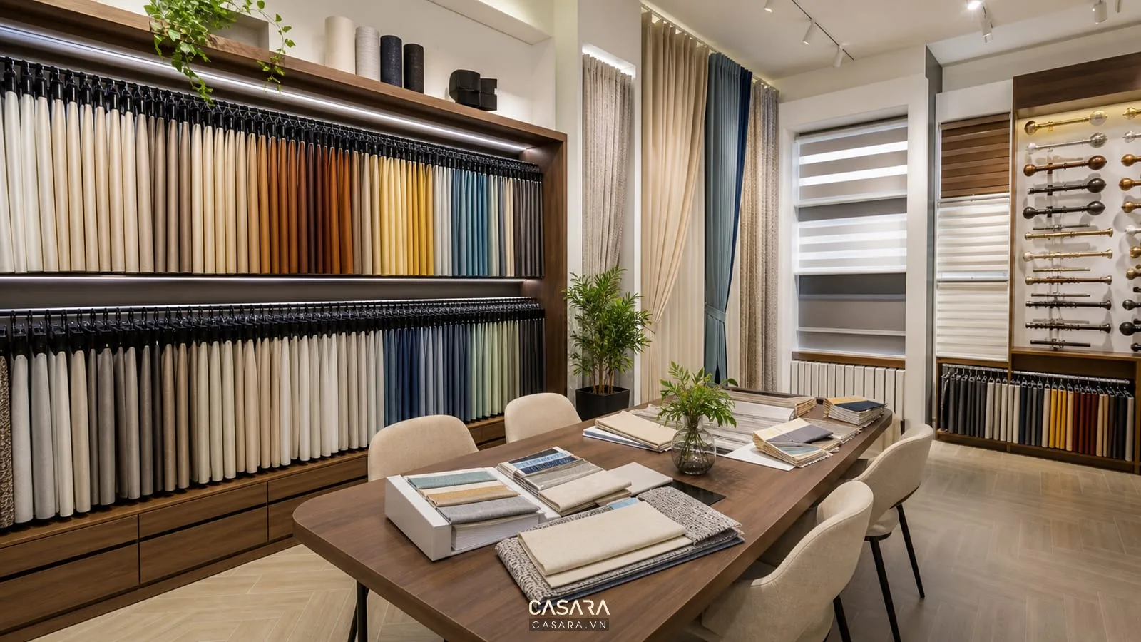 Kệ mẫu vải showroom rèm có quyển vải theo màu thanh ray phụ kiện rèm rèm cuốn rèm cầu vồng và bàn đặt mẫu