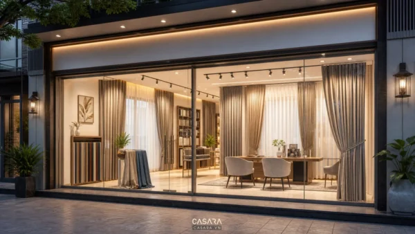 Showroom rèm với mặt tiền kính lớn, ánh sáng ấm và khu trưng bày rèm vải
