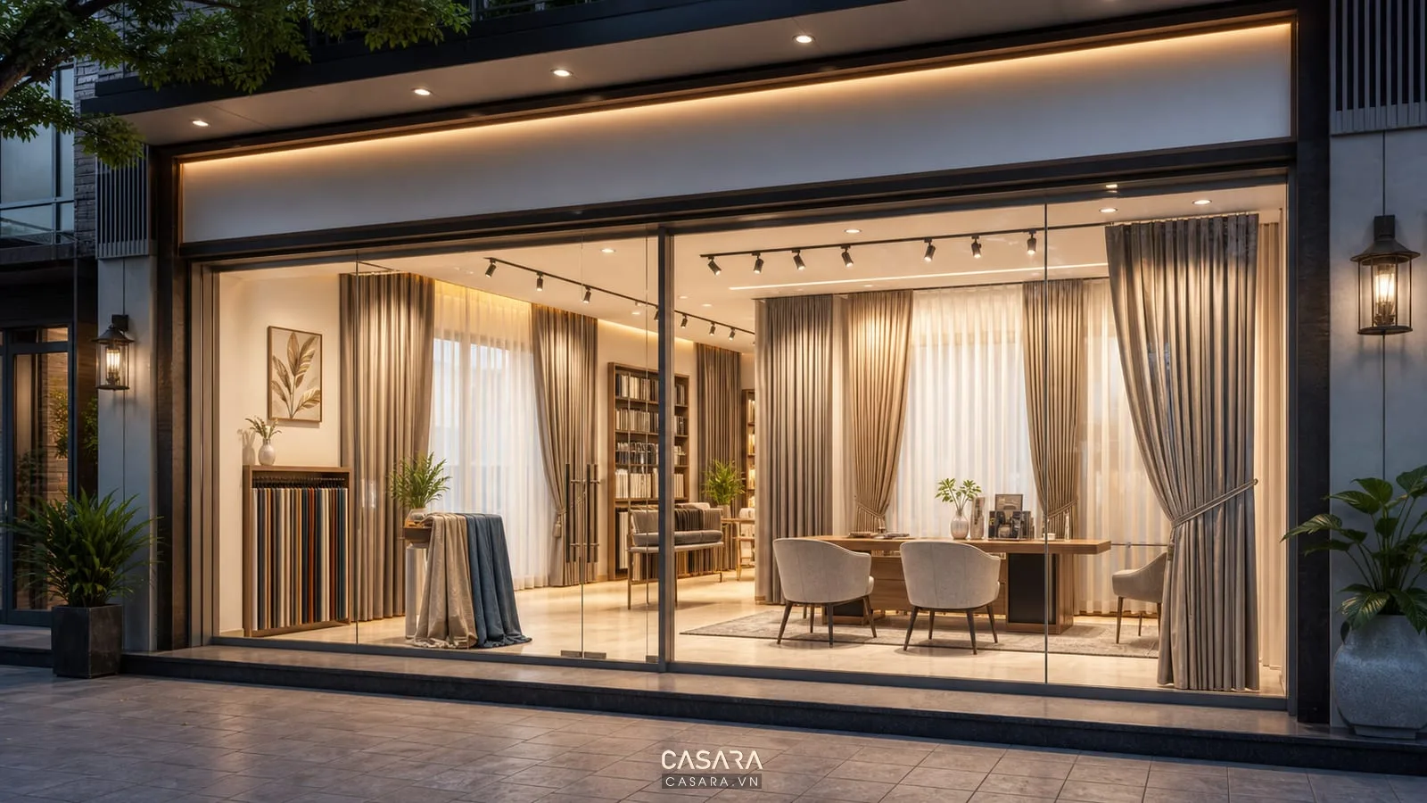 Mặt tiền showroom rèm có cửa kính lớn rèm vải hai lớp biển hiệu tối giản ánh sáng ấm và khu tư vấn