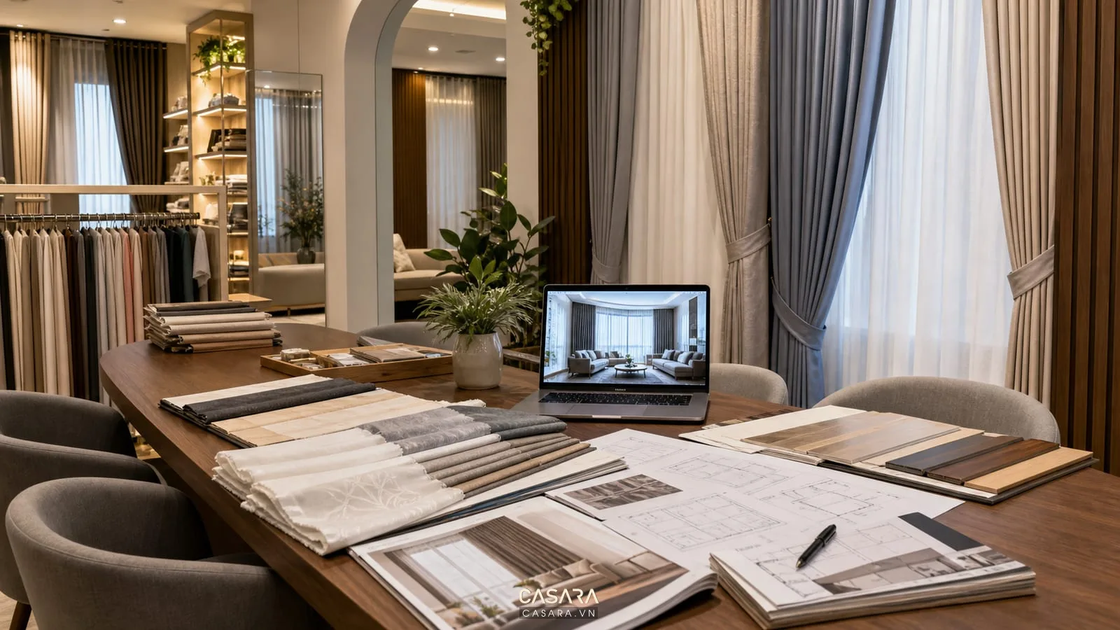 Bàn tư vấn showroom rèm có mẫu vải catalogue bản vẽ cửa sổ laptop phòng khách mẫu gỗ mẫu sàn và ghế ngồi