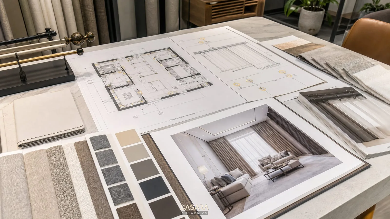 Hồ sơ thiết kế showroom rèm có bản vẽ mặt bằng trần ray rèm phối cảnh 3D mẫu vải bảng màu và ghi chú ánh sáng
