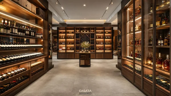 Showroom rượu có kệ gỗ trưng bày chai vang và whisky, lối đi rộng, ánh sáng ấm