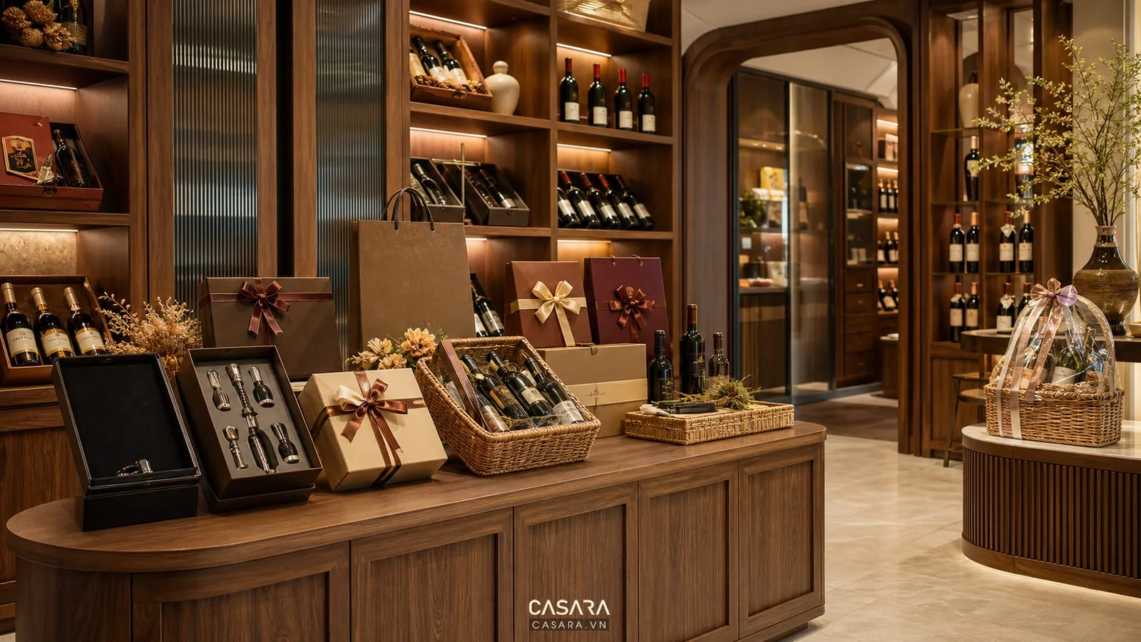 khu quà tặng showroom rượu có hộp rượu vang giỏ quà túi giấy chai rượu và phụ kiện mở rượu