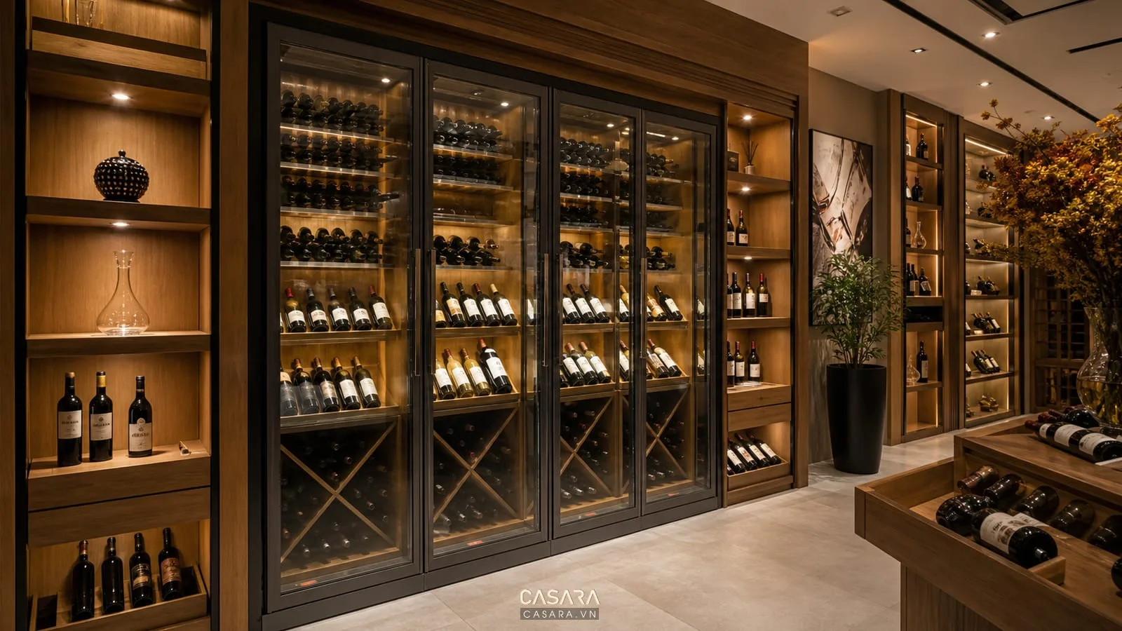 tủ bảo quản rượu vang âm tường cửa kính trong showroom cao cấp