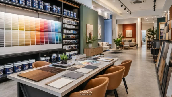showroom sơn hiện đại có thùng sơn kệ sơn bảng màu sơn lớn và khu tư vấn