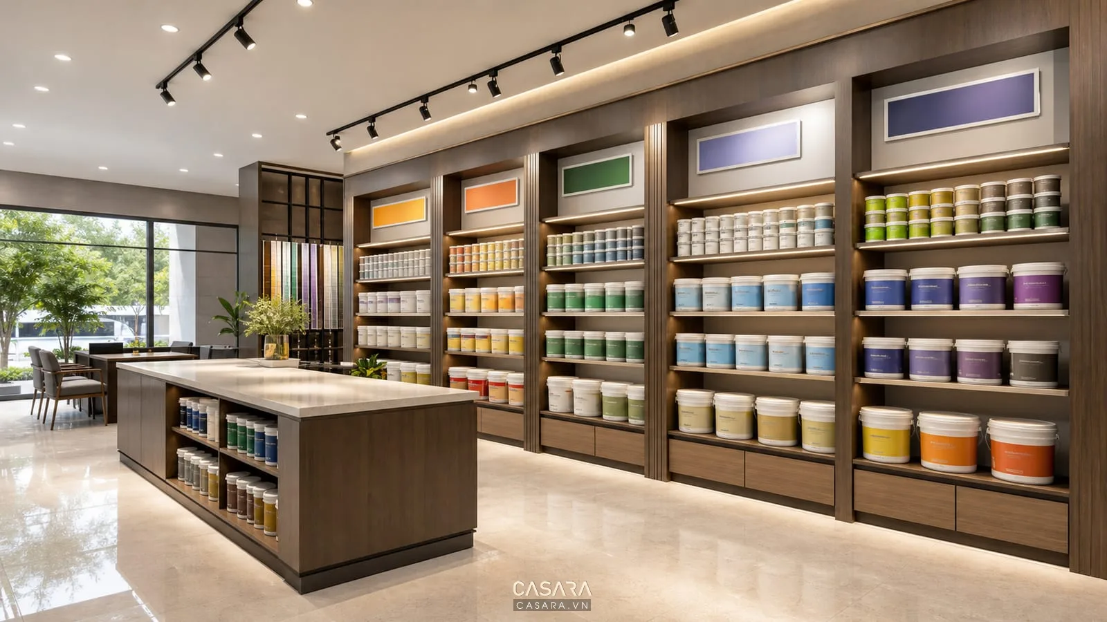 kệ sơn showroom trưng bày thùng sơn theo nhóm công năng có nhãn rõ