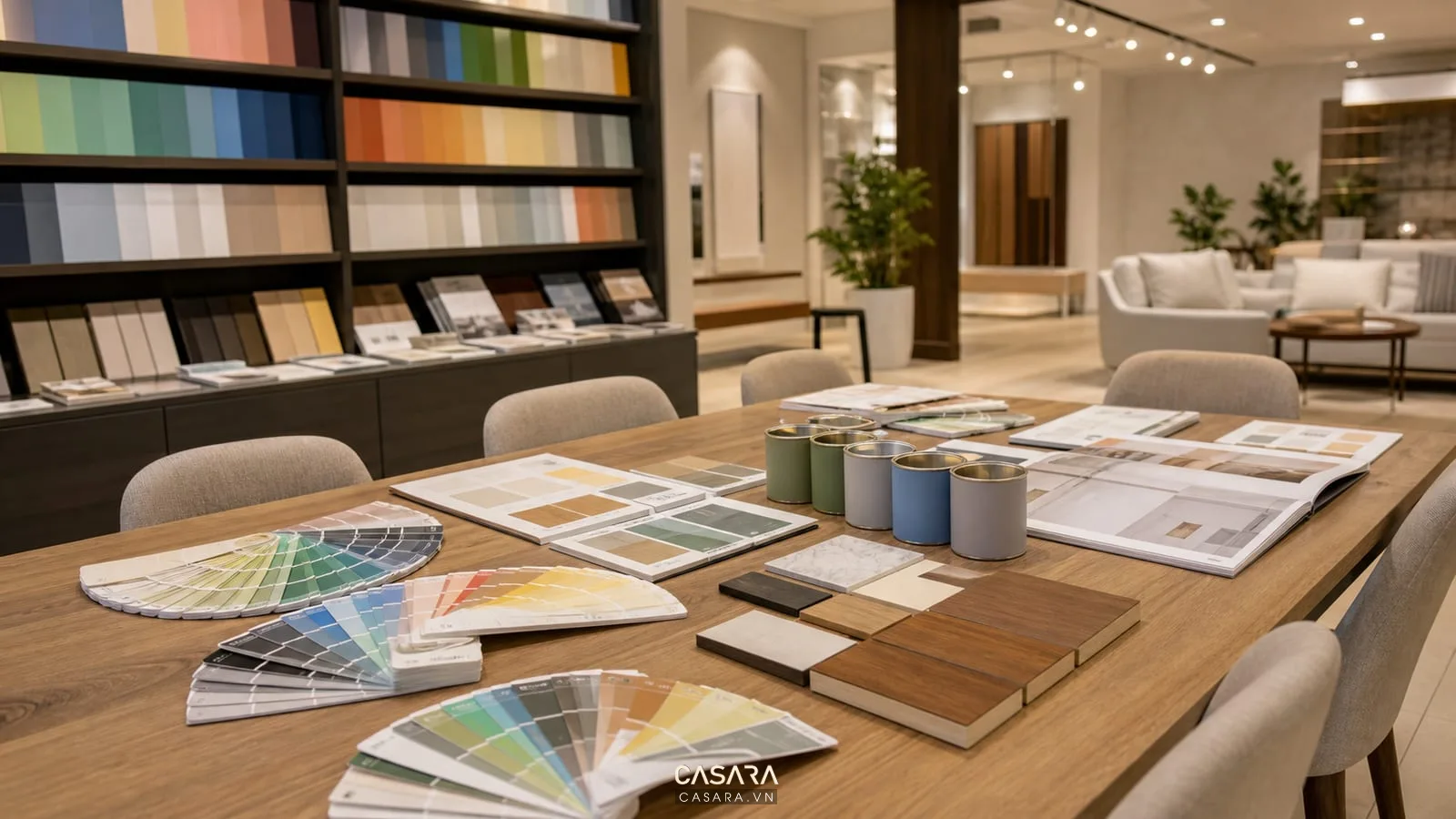 bàn tư vấn showroom sơn có mẫu màu sơn catalog thùng sơn nhỏ và vật liệu gỗ
