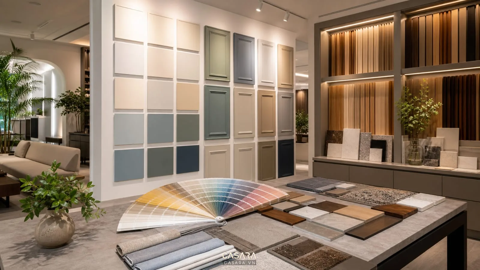 khu thử màu showroom sơn có mảng tường sơn mẫu quạt màu và vật liệu gỗ đá vải
