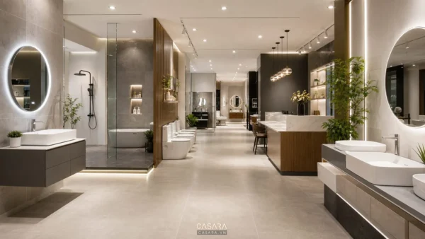 Showroom thiết bị vệ sinh hiện đại có lavabo, bồn cầu, sen tắm, lối vào rộng và ánh sáng trắng ấm.