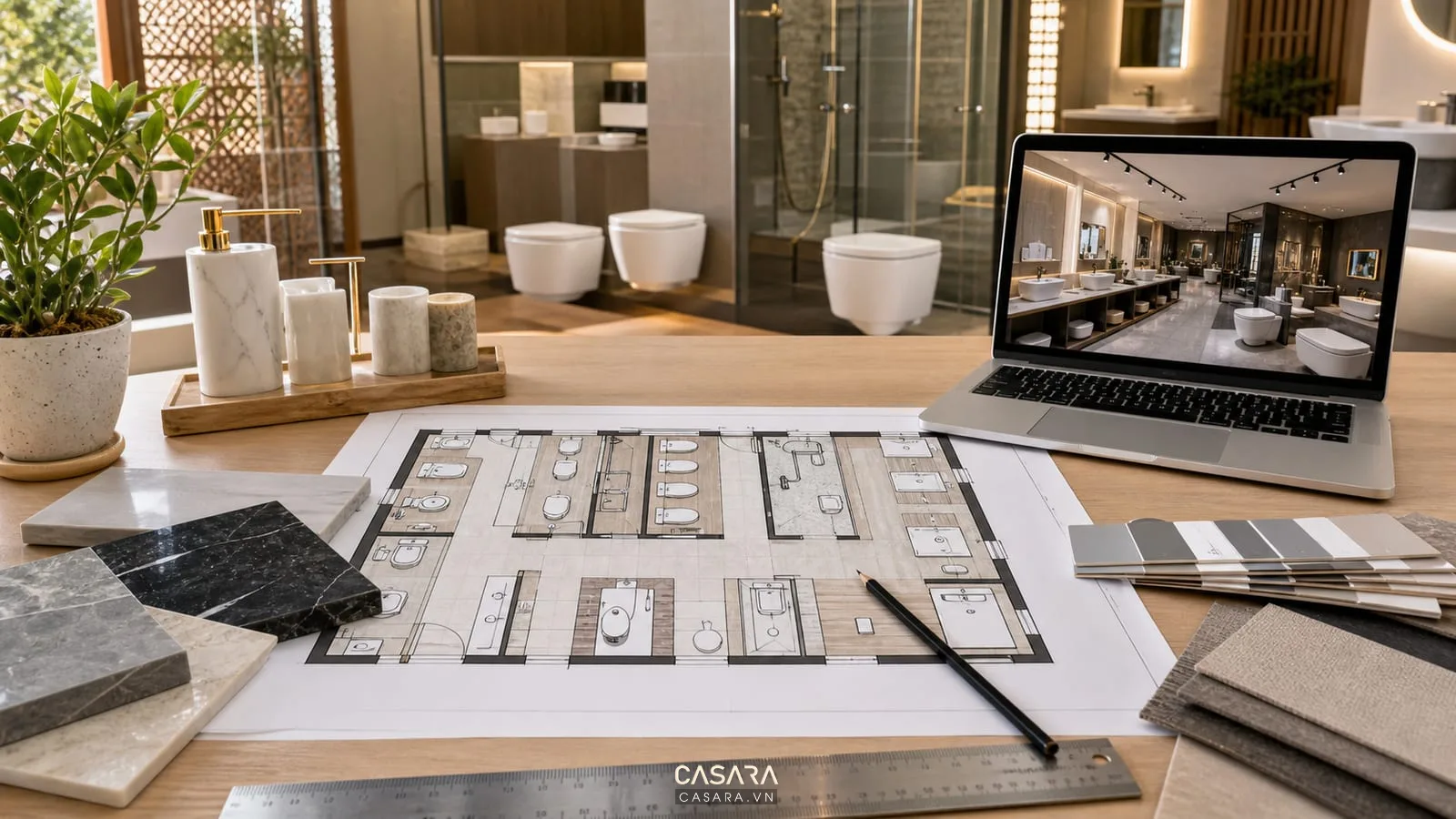 Bản vẽ thiết kế showroom thiết bị vệ sinh với phân khu lavabo, bồn cầu, sen tắm, phụ kiện và mẫu gạch.
