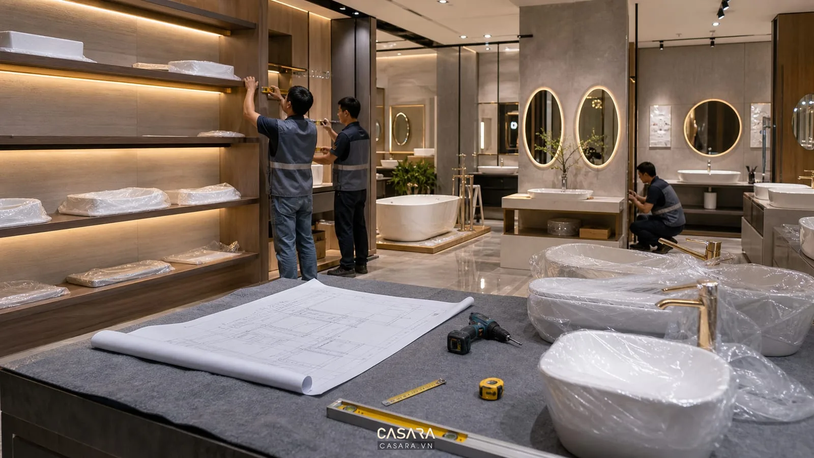 Đội thi công showroom thiết bị vệ sinh lắp kệ lavabo, xem bản vẽ kỹ thuật và bảo vệ sản phẩm bằng màng bọc.