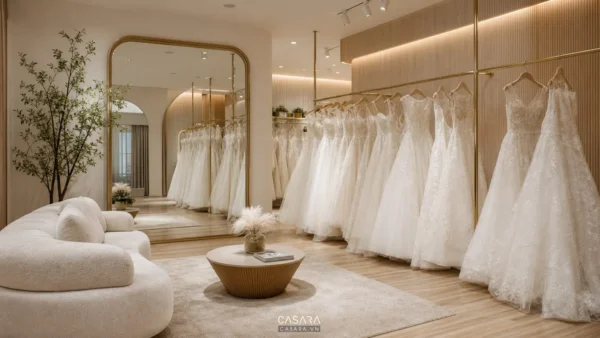 Showroom váy cưới sáng màu với dãy váy trắng treo trên thanh, gương lớn và sofa chờ