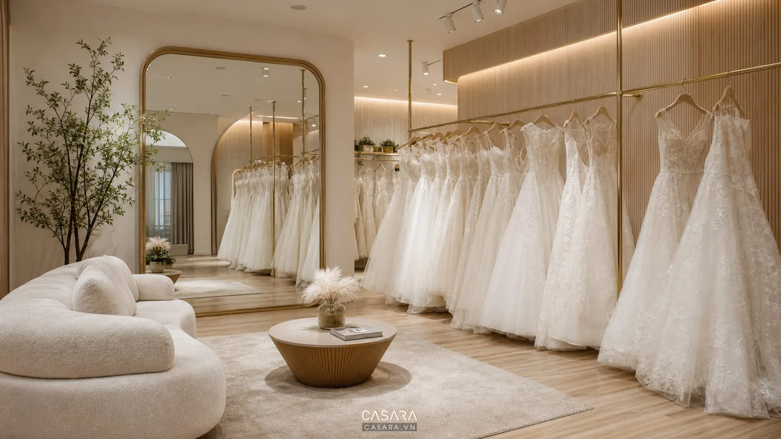 thiết kế showroom váy cưới có váy cưới trắng kệ treo sofa chờ gương lớn và vật liệu gỗ sáng