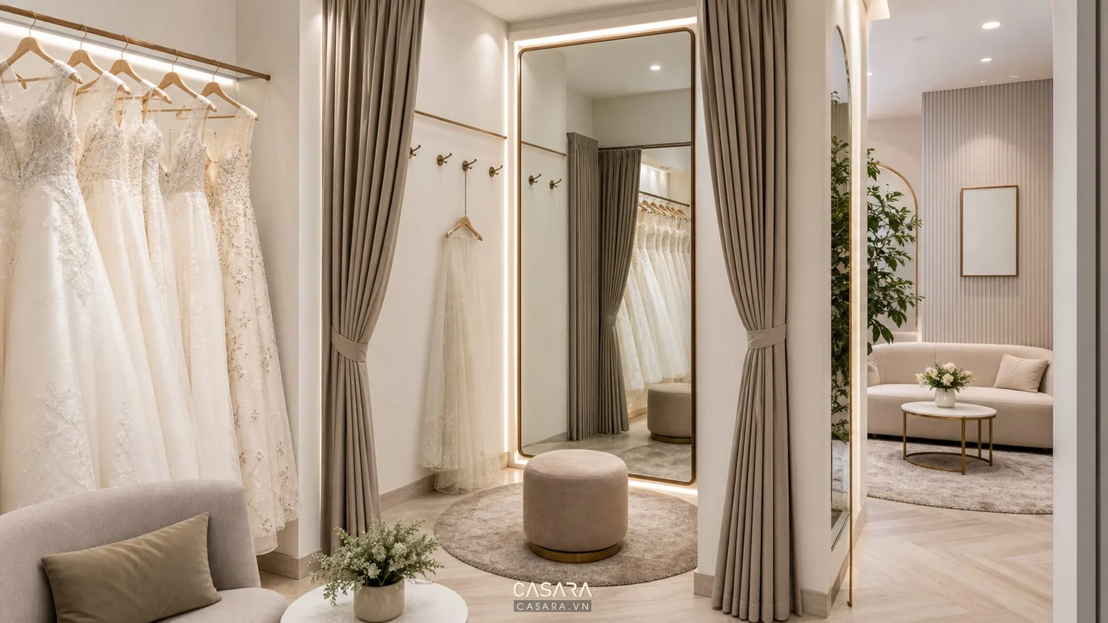 phòng thử đồ showroom thời trang có gương toàn thân váy cưới rèm riêng tư ghế ngồi và móc treo