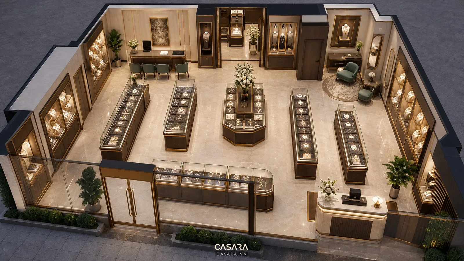 Mặt bằng thiết kế showroom trang sức với tủ kính nhẫn dây chuyền quầy tư vấn và khu thử trang sức