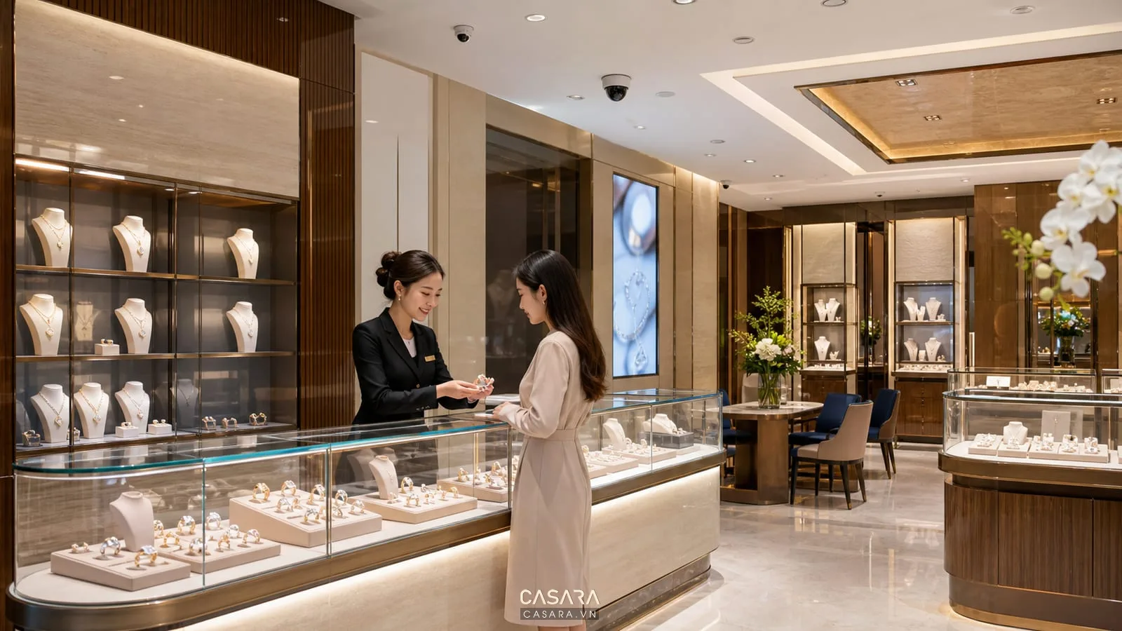 Showroom trang sức với camera an ninh tủ kính khóa an toàn nhân viên tư vấn và khu trưng bày nhẫn dây chuyền