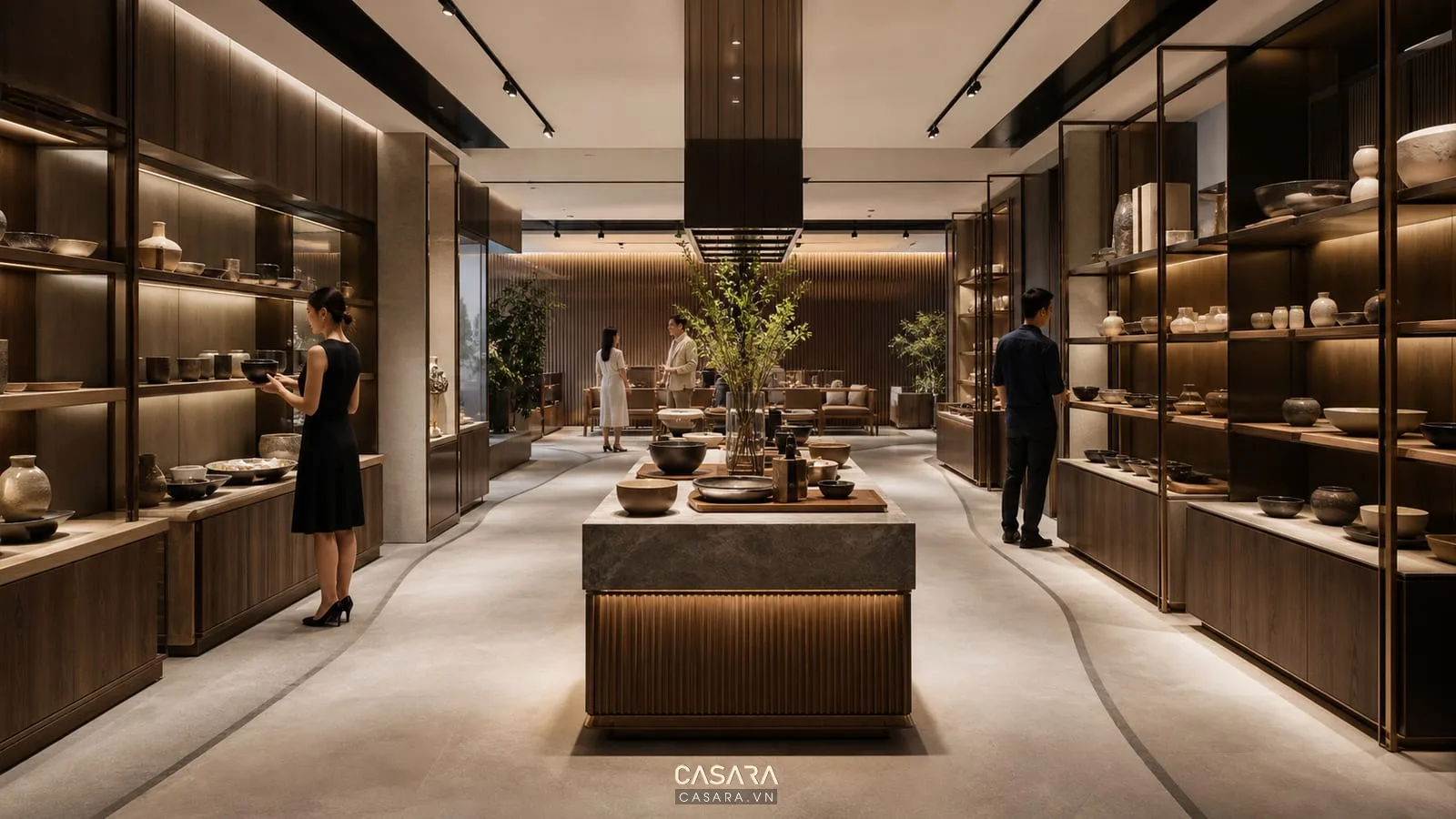 Showroom trưng bày sản phẩm có đảo trung tâm và kệ biên rõ ràng
