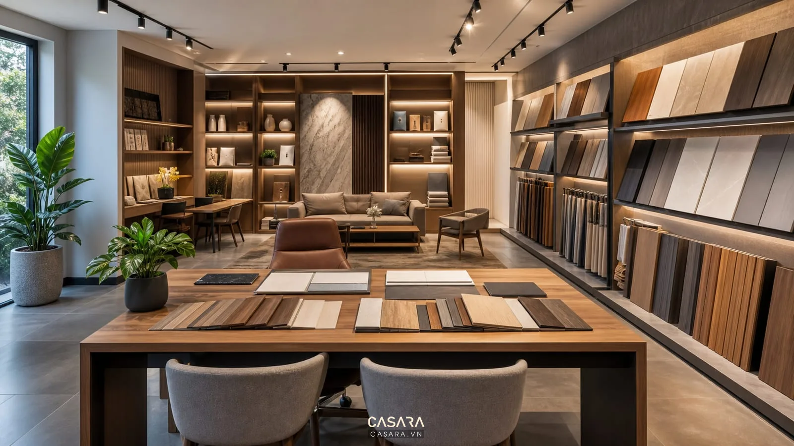 Showroom trưng bày sản phẩm nội thất có bàn tư vấn và mẫu vật liệu