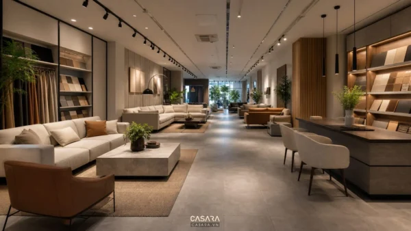 Thiết kế showroom trưng bày sản phẩm nội thất với sofa kệ mẫu vật liệu và đèn ray spotlight