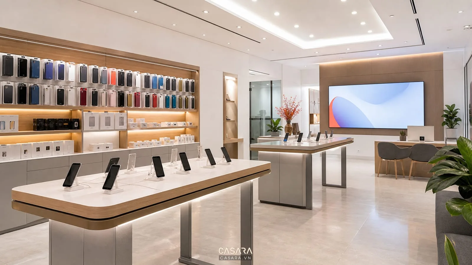 Thiết kế showroom điện thoại với bàn trải nghiệm điện thoại tủ phụ kiện và quầy tư vấn nhỏ