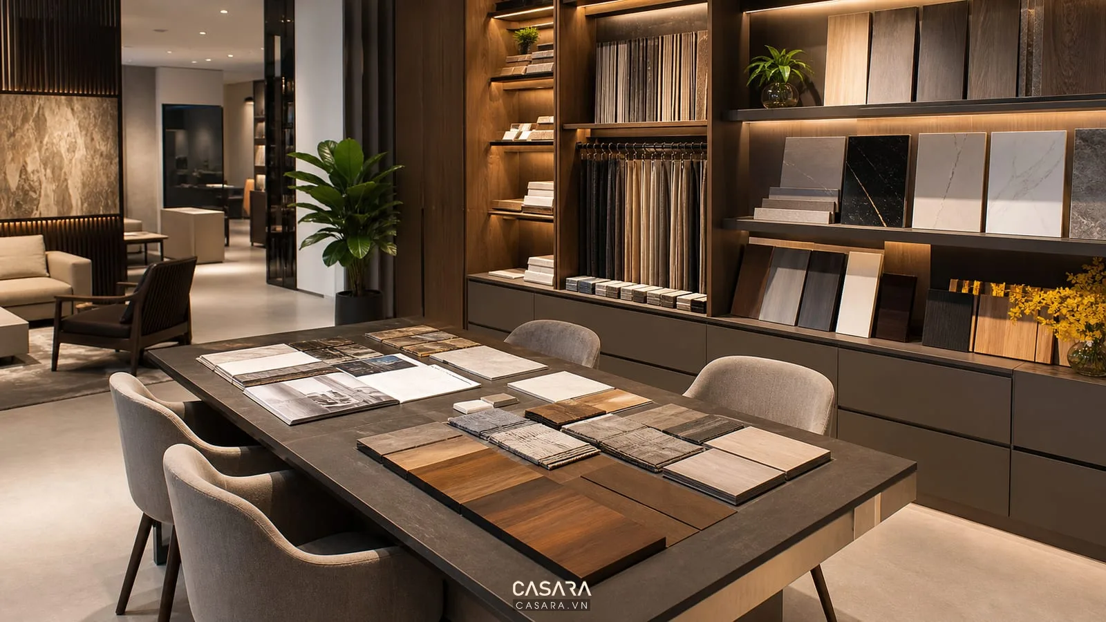 Showroom trưng bày sản phẩm với bàn tư vấn mẫu gỗ mẫu đá mẫu vải và kệ sản phẩm gọn