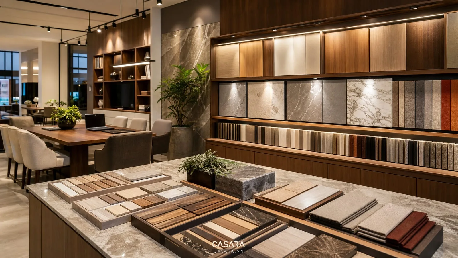 thiết kế showroom văn phòng có bảng mẫu vật liệu và ánh sáng trưng bày