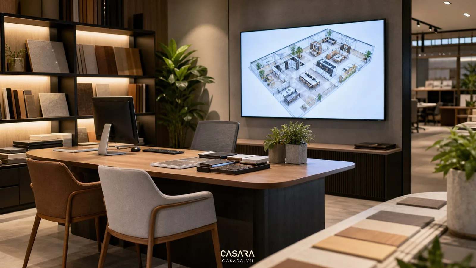 thiết kế showroom văn phòng có bàn tư vấn và mẫu vật liệu nội thất