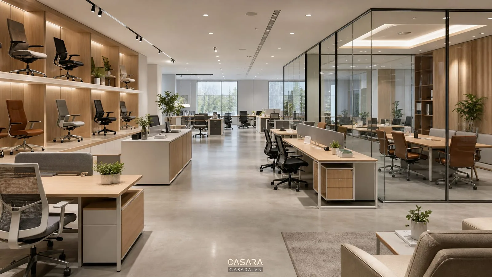 thiết kế showroom văn phòng với phối cảnh khu trưng bày và văn phòng làm việc