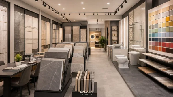 showroom vật liệu xây dựng với gạch ốp lát đá mẫu sơn tường và thiết bị vệ sinh