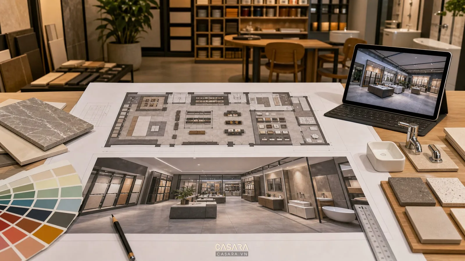 bản vẽ thiết kế showroom vật liệu xây dựng với mặt bằng khu gạch sơn và thiết bị vệ sinh