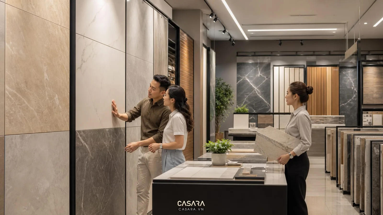 showroom vật liệu xây dựng trưng bày gạch ốp lát và đá với ánh sáng điểm và vách mẫu lớn