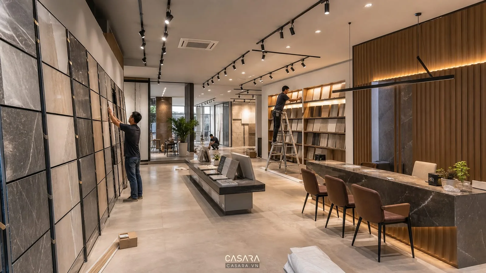 thi công showroom vật liệu xây dựng với kệ trưng bày gạch vách đá hệ đèn ray và quầy tư vấn