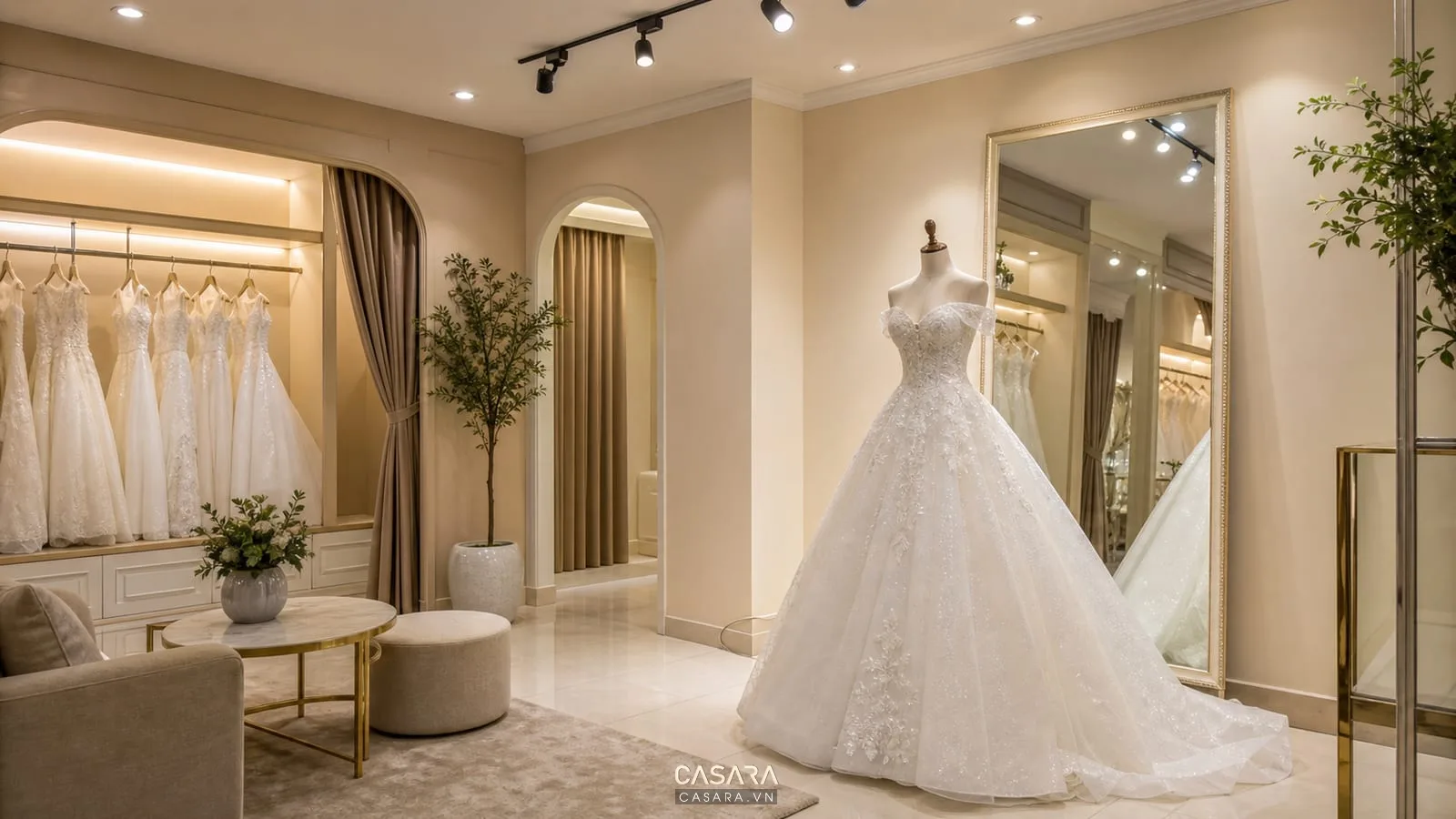 váy cưới trắng trên mannequin trong showroom có đèn rọi mềm