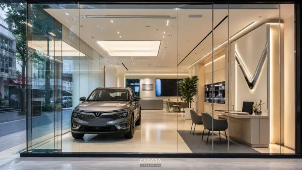 Showroom VinFast với xe trưng bày, mặt tiền kính và khu tư vấn hiện đại