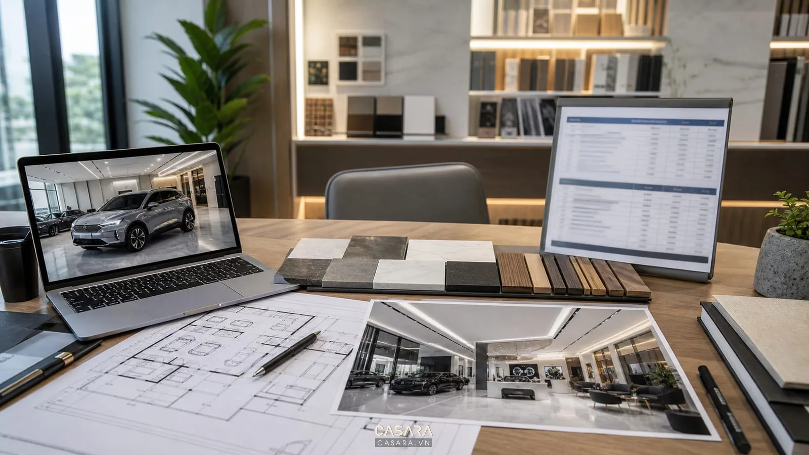 Bản vẽ thiết kế showroom VinFast với phối cảnh 3D, mẫu vật liệu và bảng dự toán