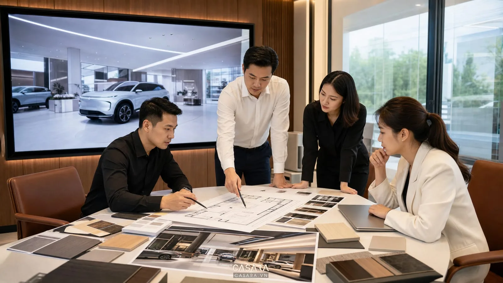 Tư vấn thiết kế showroom VinFast với bản vẽ, mẫu vật liệu và phối cảnh ô tô