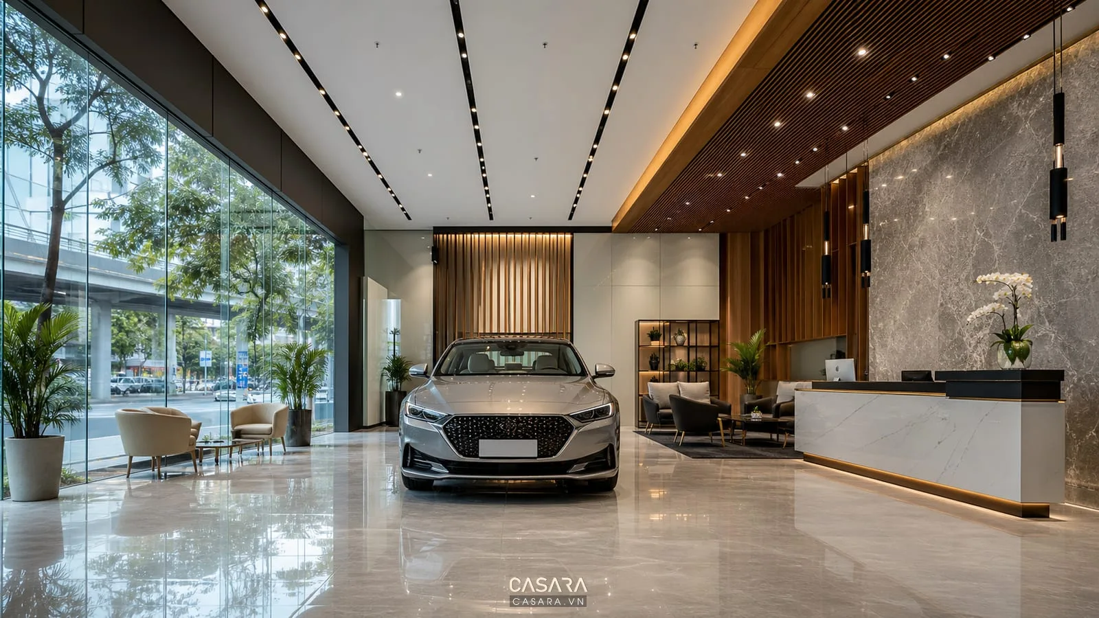 thiết kế showroom xe hơi với ô tô trưng bày sàn bóng và quầy tư vấn