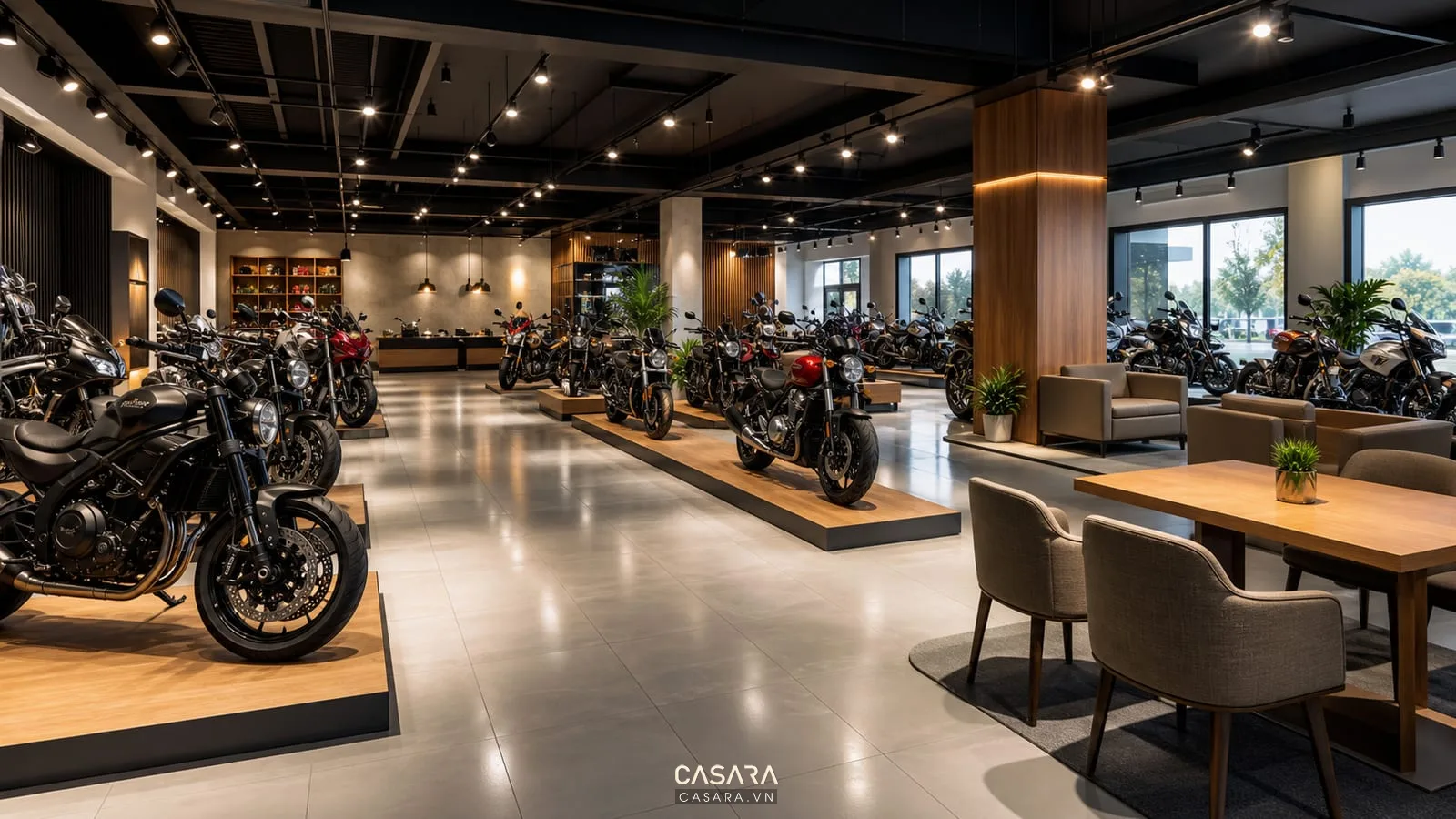 thiết kế showroom xe máy với lối đi rộng và đèn rọi sản phẩm