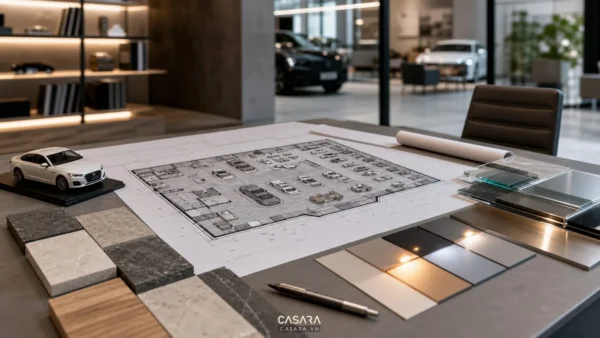 bản vẽ mặt bằng thiết kế showroom xe với mẫu vật liệu và mô hình xe