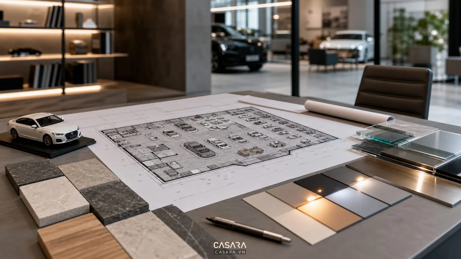 bản vẽ mặt bằng thiết kế showroom xe với mẫu vật liệu và mô hình xe